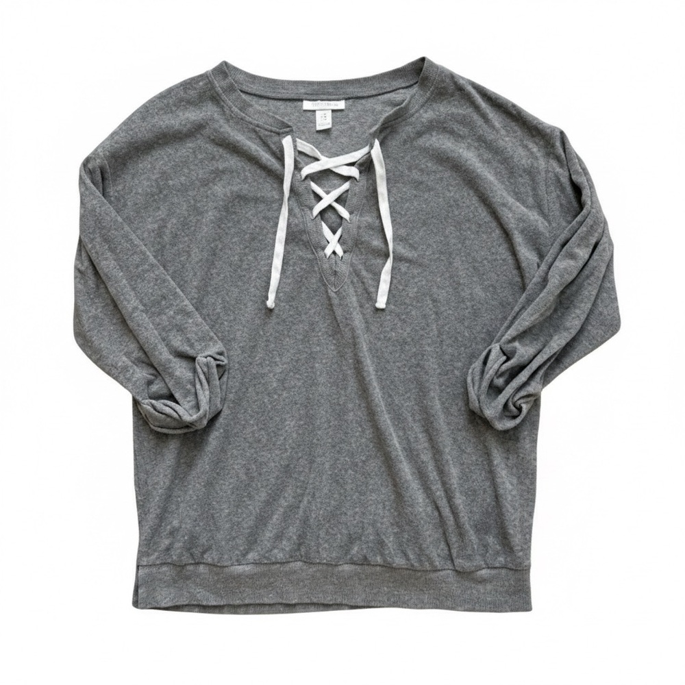 Motherhood Maternity Gray Lace Up V Neck Top Medium 3/4 Sleeve Bump Friendly